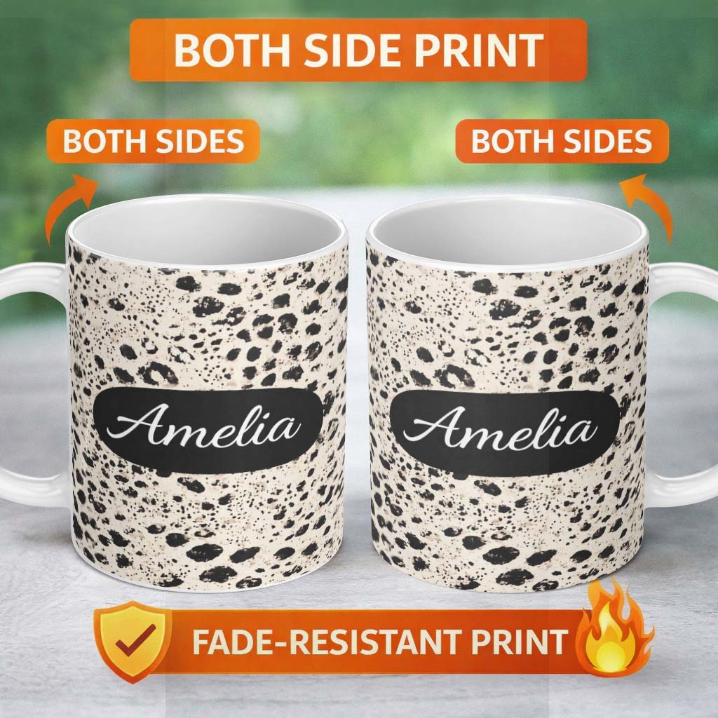Personalized Custom Name Leopard Animal Print Black Cream Classic Safari Pattern Lovely 11oz Ceramic Coffee Tea Mug White Large Handle