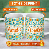 Personalized Custom Name Dark Floral Folk Pattern Orange Blue Seamless Pattern Lovely 11oz Ceramic Coffee Tea Mug White Large Handle