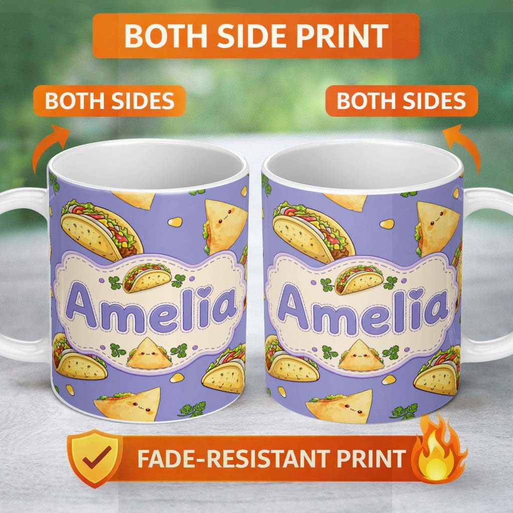 Personalized Custom Name Cute Kawaii Tacos and Wraps Seamless Pattern Purple Background 11oz Ceramic Coffee Tea Mug White Large Handle