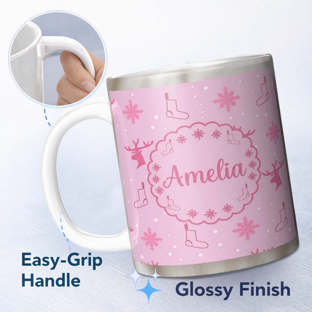 Personalized Custom Name Cute Reindeer Snowflake Christmas Stocking Pink Seamless Pattern 11oz Ceramic Coffee Tea Mug White Large Handle