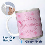 Personalized Custom Name Cute Reindeer Snowflake Christmas Stocking Pink Seamless Pattern 11oz Ceramic Coffee Tea Mug White Large Handle