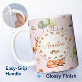 Personalized Custom Name Watercolor Woodland Fox Mushroom Autumn on Dusty Pink Background 11oz Ceramic Coffee Tea Mug White Large Handle