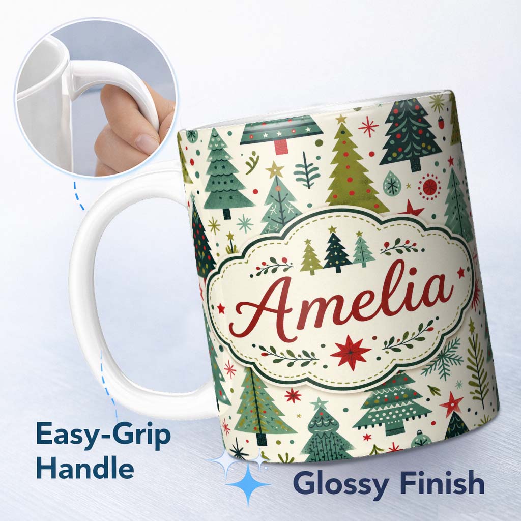 Personalized Custom Name Minimal Christmas Trees Stars Leaves Nordic Holiday Seamless Pattern 11oz Ceramic Coffee Tea Mug White Large Handle