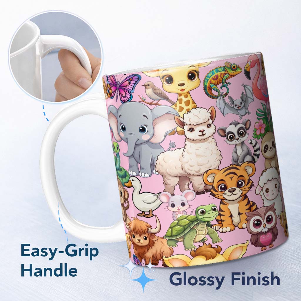 Personalized Custom Name Cute Cartoon Jungle Safari Animals Seamless Pattern on Light Pink 11oz Ceramic Coffee Tea Mug White Large Handle