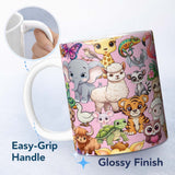 Personalized Custom Name Cute Cartoon Jungle Safari Animals Seamless Pattern on Light Pink 11oz Ceramic Coffee Tea Mug White Large Handle