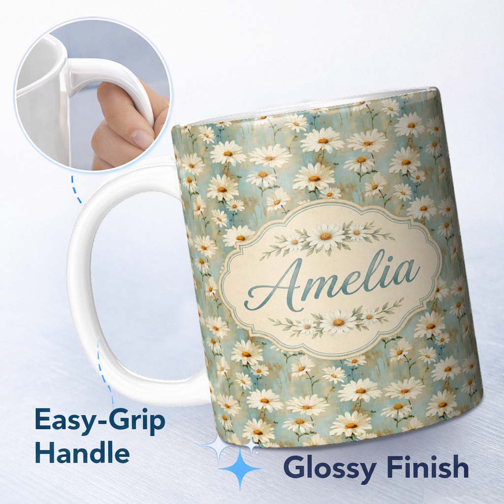 Personalized Custom Name Delicate Wild Daisy Sprigs on Light Aqua Vintage Texture Lovely 11oz Ceramic Coffee Tea Mug White Large Handle