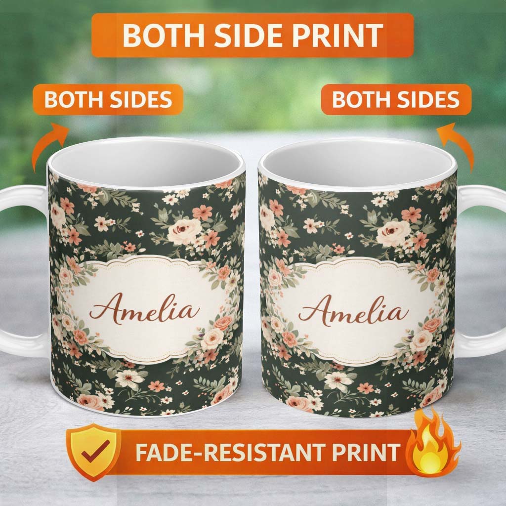 Personalized Custom Name Dark Green Floral Vintage Rose Pattern Elegant Seamless Design 11oz Ceramic Coffee Tea Mug White Large Handle