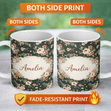 Personalized Custom Name Dark Green Floral Vintage Rose Pattern Elegant Seamless Design 11oz Ceramic Coffee Tea Mug White Large Handle