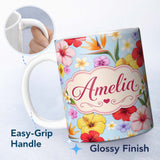 Personalized Custom Name Tropical Hibiscus Bird of Paradise Seamless Pattern Blue Background 11oz Ceramic Coffee Tea Mug White Large Handle