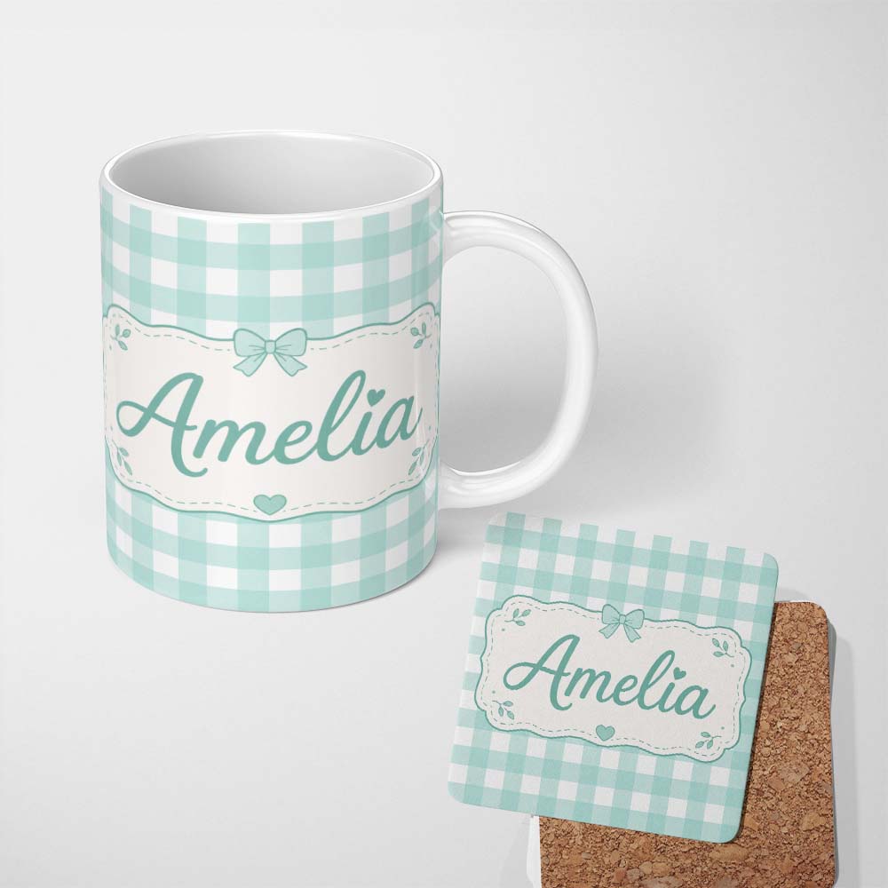 Personalized Custom Name Mint Green And White Gingham Check Seamless Pattern Classic Lovely 11oz Ceramic Coffee Tea Mug White Large Handle