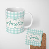 Personalized Custom Name Mint Green And White Gingham Check Seamless Pattern Classic Lovely 11oz Ceramic Coffee Tea Mug White Large Handle