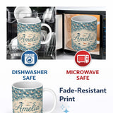 Personalized Custom Name Stylized Seagulls with Abstract Ocean Shapes Seamless Pattern Lovely 11oz Ceramic Coffee Tea Mug White Large Handle