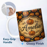 Personalized Custom Name Rustic Autumn Pumpkin Patch with Leaves on Dark Wood Background 11oz Ceramic Coffee Tea Mug White Large Handle