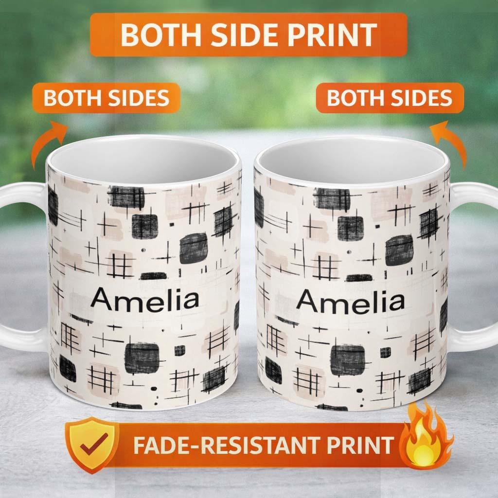 Personalized Custom Name Brush Stroke Texture Black Cream Vertical Abstract Pattern Lovely 11oz Ceramic Coffee Tea Mug White Large Handle
