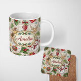 Personalized Custom Name Festive Christmas Reindeer Wreath Snowman Seamless Pattern Lovely 11oz Ceramic Coffee Tea Mug White Large Handle