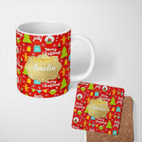 Personalized Custom Name Merry Christmas Holly Jolly Tree Candy Cane Snowflake Festive Lovely 11oz Ceramic Coffee Tea Mug White Large Handle