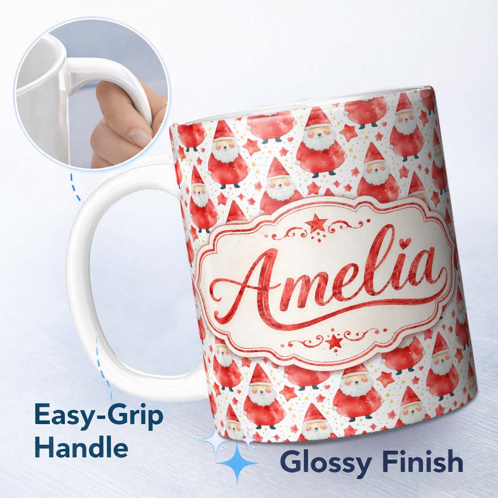 Personalized Custom Name Watercolor Santa Stars White Background Cute Christmas Soft Festive 11oz Ceramic Coffee Tea Mug White Large Handle