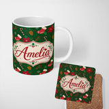 Personalized Custom Name Christmas Stocking Candy Cane Poinsettia Seamless Pattern Design 11oz Ceramic Coffee Tea Mug White Large Handle