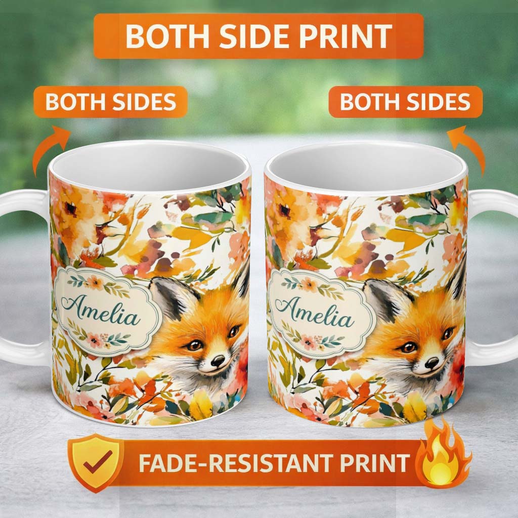 Personalized Custom Name Watercolor Fox Floral Artistic Pattern Stylish Everyday Mug Lovely 11oz Ceramic Coffee Tea Mug White Large Handle