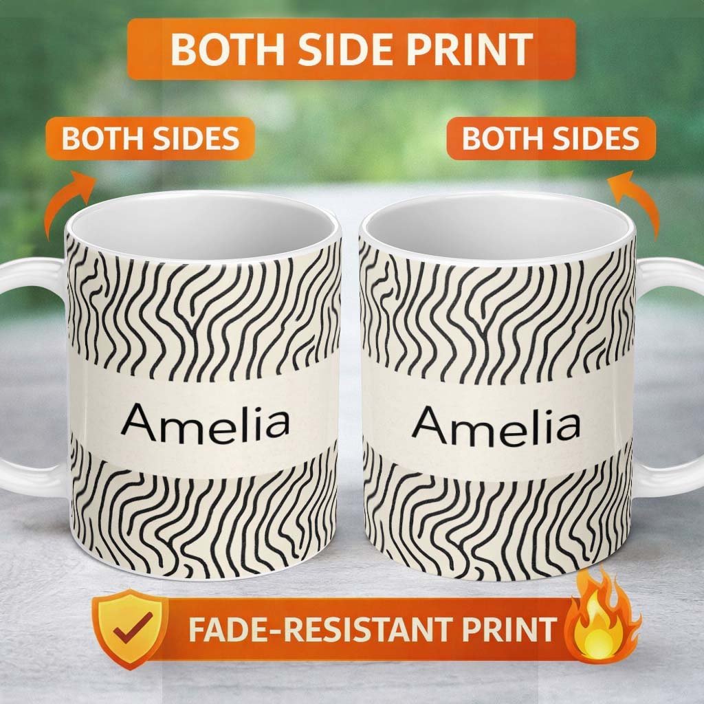 Personalized Custom Name Flowing Wavy Lines Black Cream Organic Stripe Pattern Lovely 11oz Ceramic Coffee Tea Mug White Large Handle