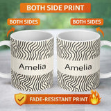 Personalized Custom Name Flowing Wavy Lines Black Cream Organic Stripe Pattern Lovely 11oz Ceramic Coffee Tea Mug White Large Handle