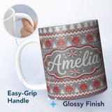 Personalized Custom Name Cute Christmas Bunny Hearts and Trees Knitted Style Seamless Pattern 11oz Ceramic Coffee Tea Mug White Large Handle