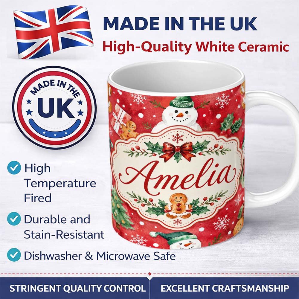 Personalized Custom Name Festive Gingerbread Cookies Gifts Holly Snowflakes Watercolor Lovely 11oz Ceramic Coffee Tea Mug White Large Handle