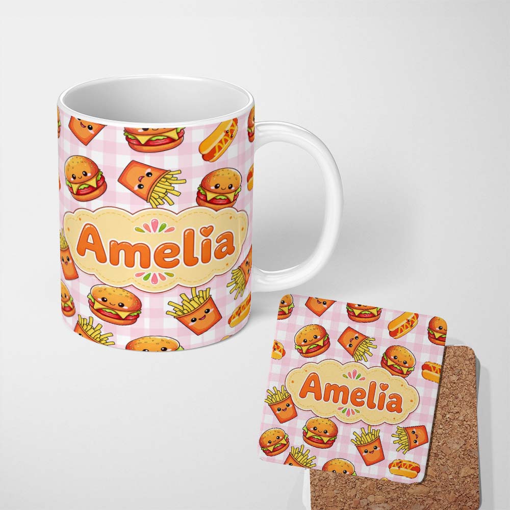 Personalized Custom Name Kawaii Burger Fries Hotdog Fast Food Pink Gingham Seamless Pattern 11oz Ceramic Coffee Tea Mug White Large Handle