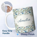 Personalized Custom Name Blue Jay Bird Watercolor Branch Artistic Nature Background Design 11oz Ceramic Coffee Tea Mug White Large Handle