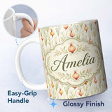 Personalized Custom Name Delicate Onion and Herb Seamless Pattern Soft Botanical Garden Style 11oz Ceramic Coffee Tea Mug White Large Handle