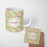 Personalized Custom Name Soft Watercolor Apple Lemon Berry Fruit Seamless Pattern Lovely 11oz Ceramic Coffee Tea Mug White Large Handle