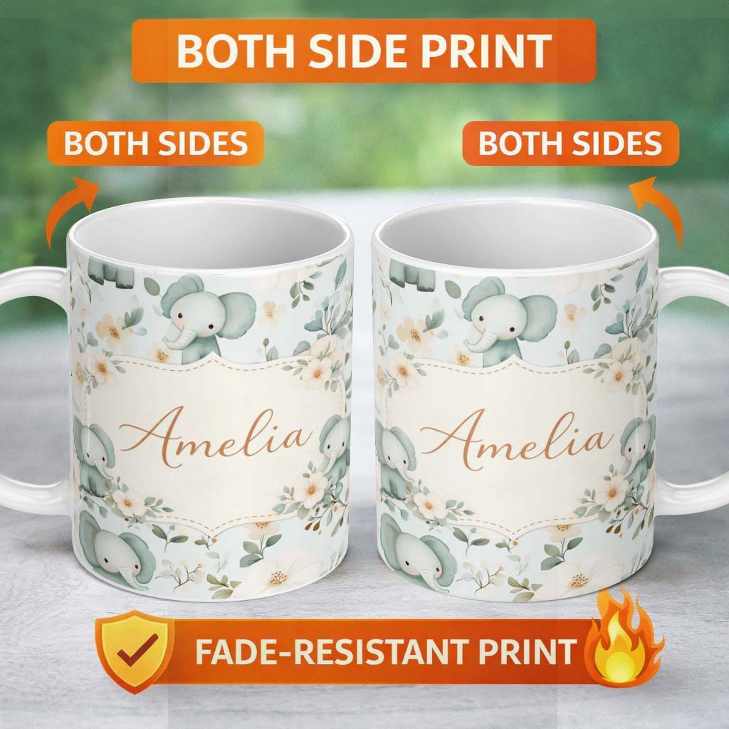 Personalized Custom Name Cute Baby Elephant Floral Watercolor Pattern Pastel Nursery Design 11oz Ceramic Coffee Tea Mug White Large Handle