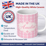 Personalized Custom Name Geometric Floral Tile in Soft Pink and White Symmetrical Design 11oz Ceramic Coffee Tea Mug White Large Handle