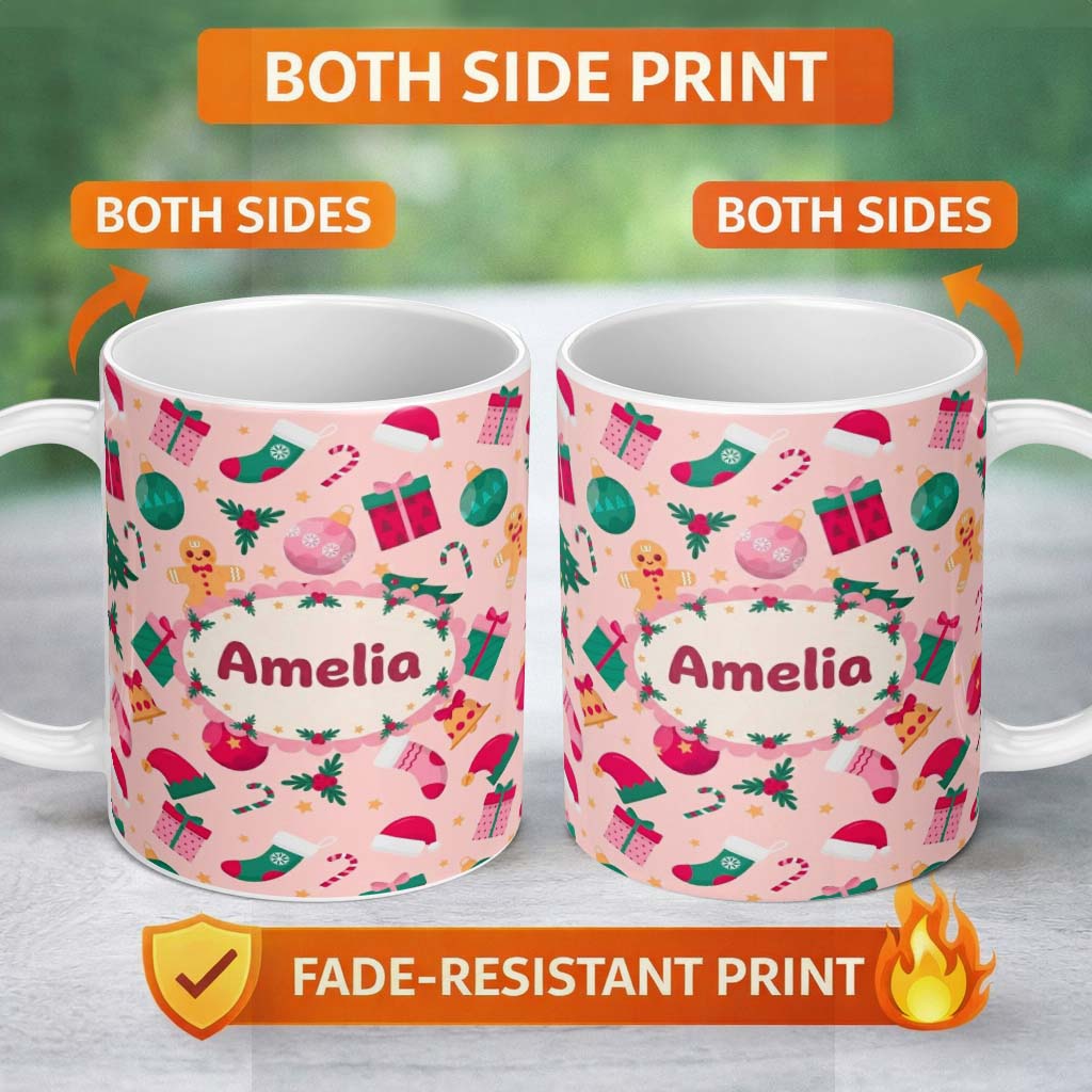 Personalized Custom Name Cute Gingerbread Candy Cane Christmas Seamless Pattern Lovely 11oz Ceramic Coffee Tea Mug White Large Handle