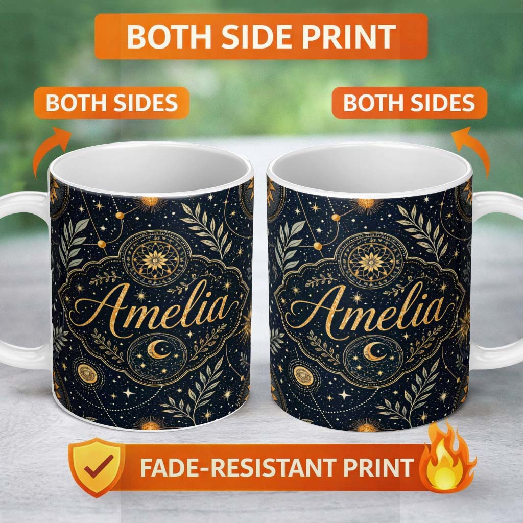 Personalized Custom Name Celestial Zodiac Constellation Botanical Night Seamless Pattern 11oz Ceramic Coffee Tea Mug White Large Handle