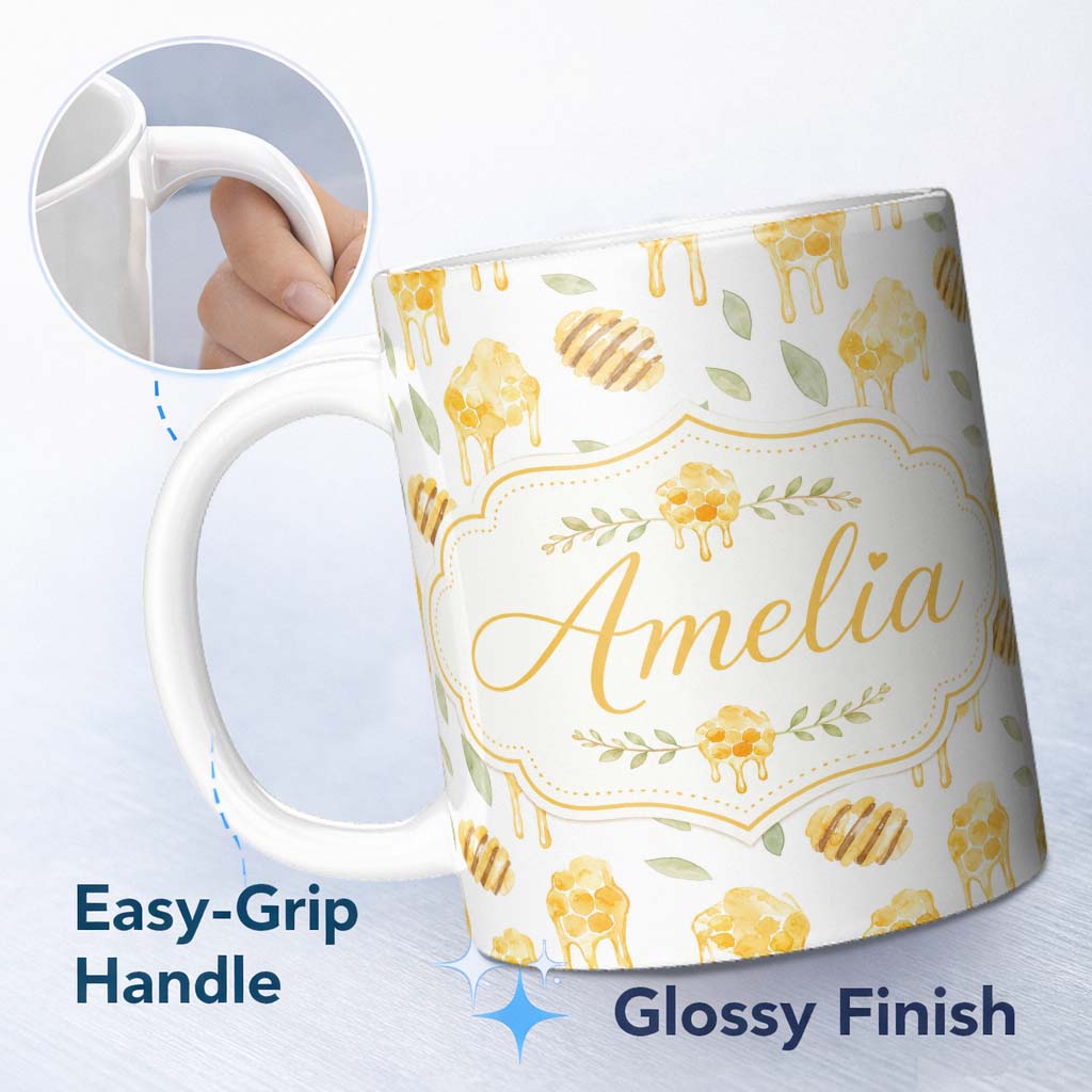 Personalized Custom Name Golden Honey Drip and Honeycomb Sweet Seamless Pattern Lovely 11oz Ceramic Coffee Tea Mug White Large Handle