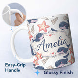 Personalized Custom Name Cute Cartoon Whales Starfish and Seashells Seamless Pattern Lovely 11oz Ceramic Coffee Tea Mug White Large Handle