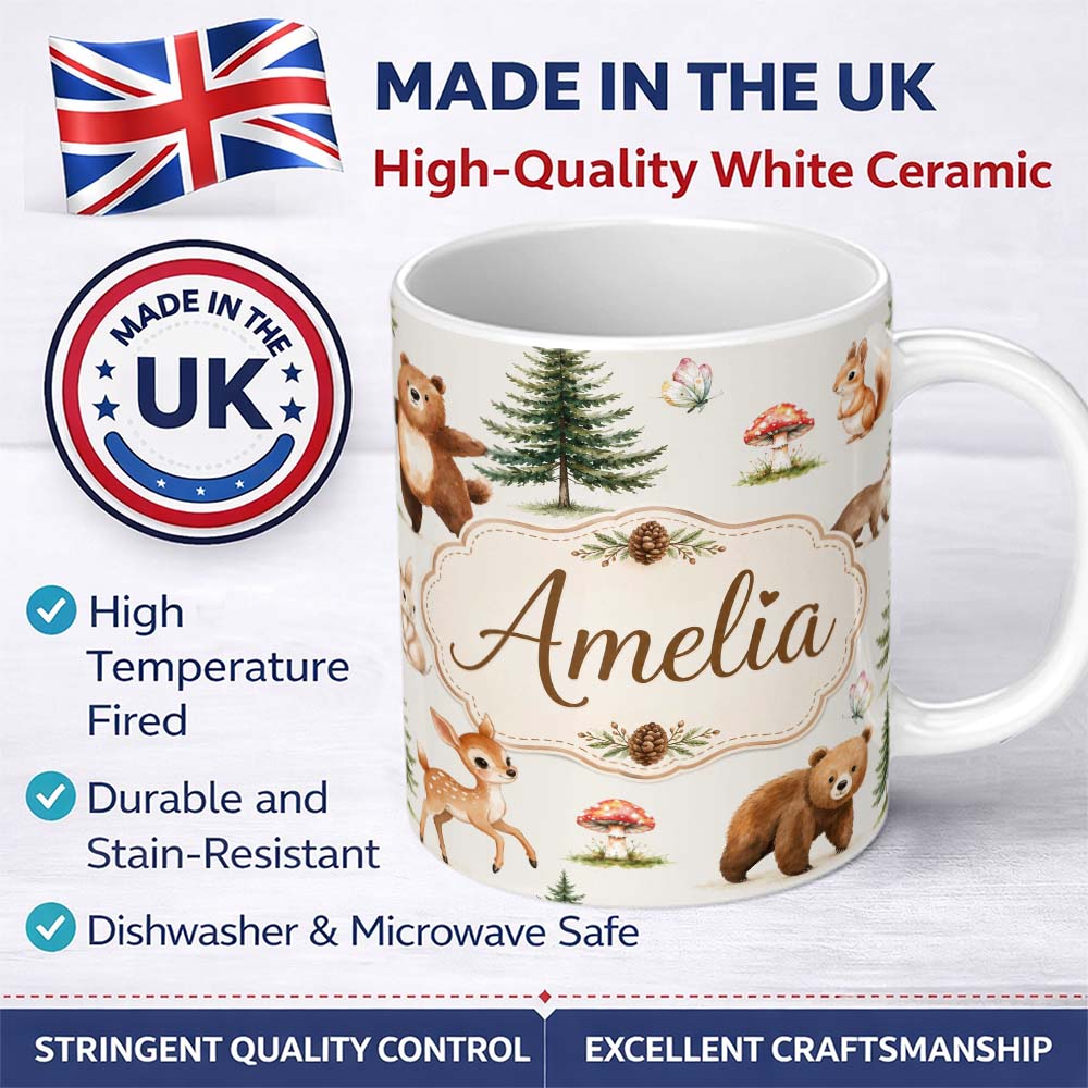 Personalized Custom Name Cute Woodland Forest Animals Bear Bunny Deer on Soft Neutral Lovely 11oz Ceramic Coffee Tea Mug White Large Handle