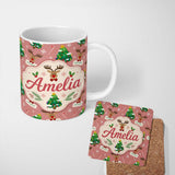 Personalized Custom Name Cute Reindeer Christmas Tree Candy Cane Seamless Pattern Lovely 11oz Ceramic Coffee Tea Mug White Large Handle