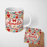 Personalized Custom Name Christmas Bow Bell Ornament Holly Seamless Pattern Cute Unique Gift 11oz Ceramic Coffee Tea Mug White Large Handle