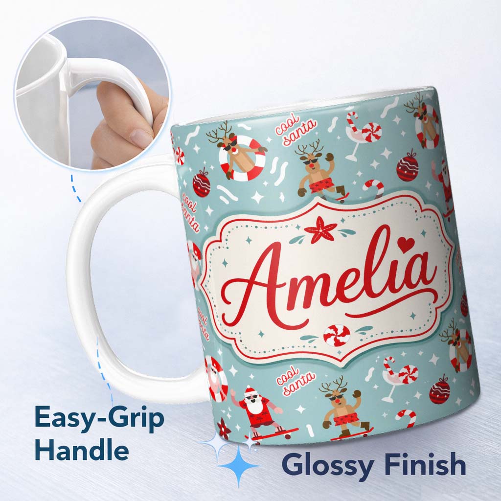 Personalized Custom Name Cool Santa Reindeer Summer Holiday Seamless Pattern Fun Christmas 11oz Ceramic Coffee Tea Mug White Large Handle