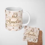 Personalized Custom Name Cute Woodland Owls with Mushrooms Leaves Soft Cream Background 11oz Ceramic Coffee Tea Mug White Large Handle