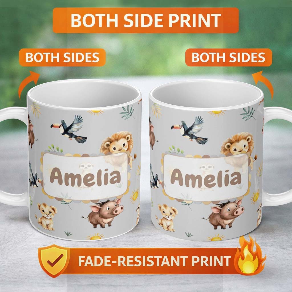 Personalized Custom Name Cute Safari Animals Lion  Toucan and Warthog with Sun and 11oz Ceramic Coffee Tea Mug White Large Handle