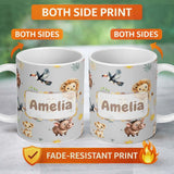 Personalized Custom Name Cute Safari Animals Lion  Toucan and Warthog with Sun and 11oz Ceramic Coffee Tea Mug White Large Handle