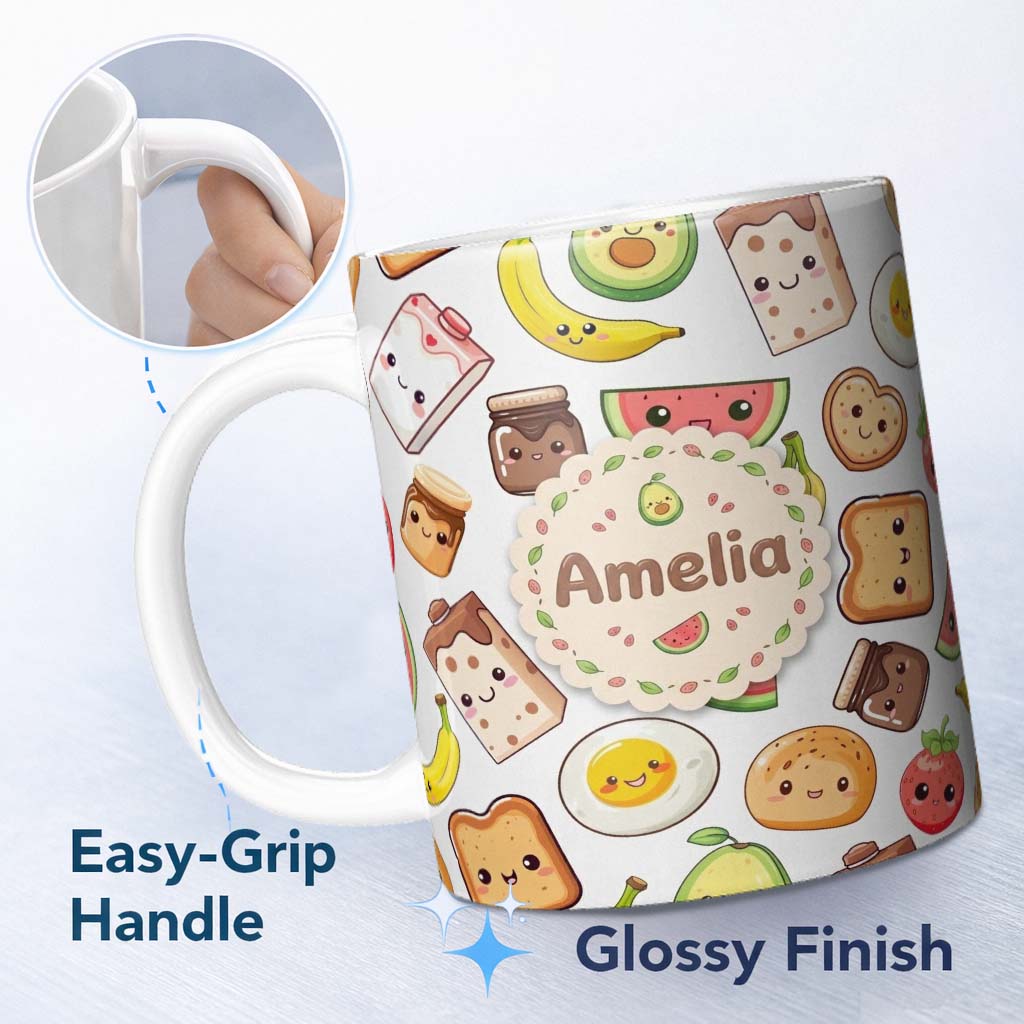 Personalized Custom Name Cute Kawaii Breakfast Food Seamless Pattern Grey Background Fun 11oz Ceramic Coffee Tea Mug White Large Handle