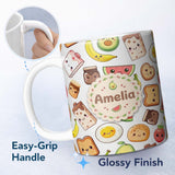 Personalized Custom Name Cute Kawaii Breakfast Food Seamless Pattern Grey Background Fun 11oz Ceramic Coffee Tea Mug White Large Handle