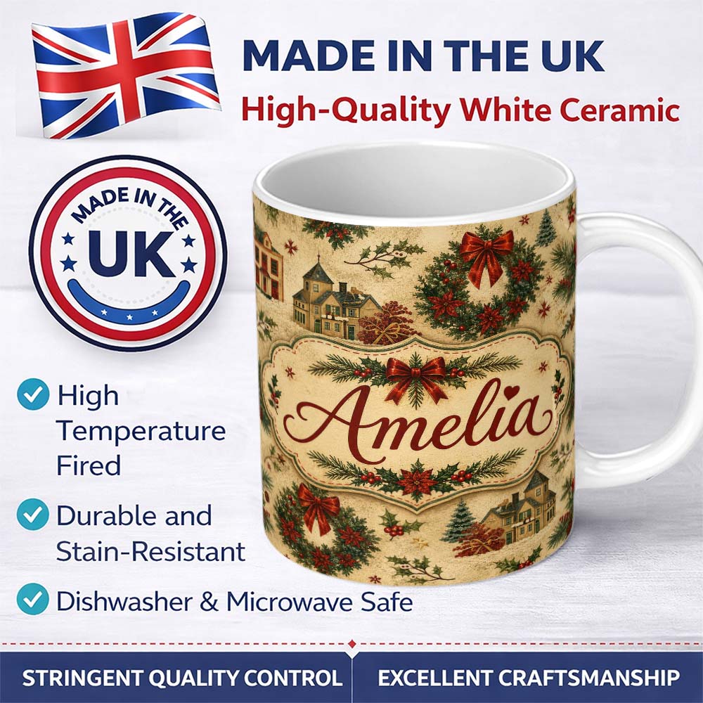 Personalized Custom Name Vintage Christmas Wreaths Bows Houses and Festive Holiday Elements 11oz Ceramic Coffee Tea Mug White Large Handle