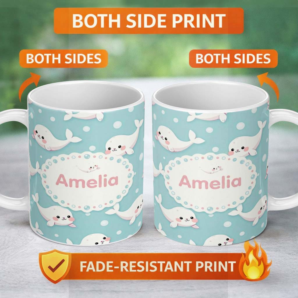 Personalized Custom Name Cute Baby Seals Ocean Bubbles Marine Seamless Pattern Lovely 11oz Ceramic Coffee Tea Mug White Large Handle