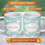 Personalized Custom Name Cute Baby Seals Ocean Bubbles Marine Seamless Pattern Lovely 11oz Ceramic Coffee Tea Mug White Large Handle
