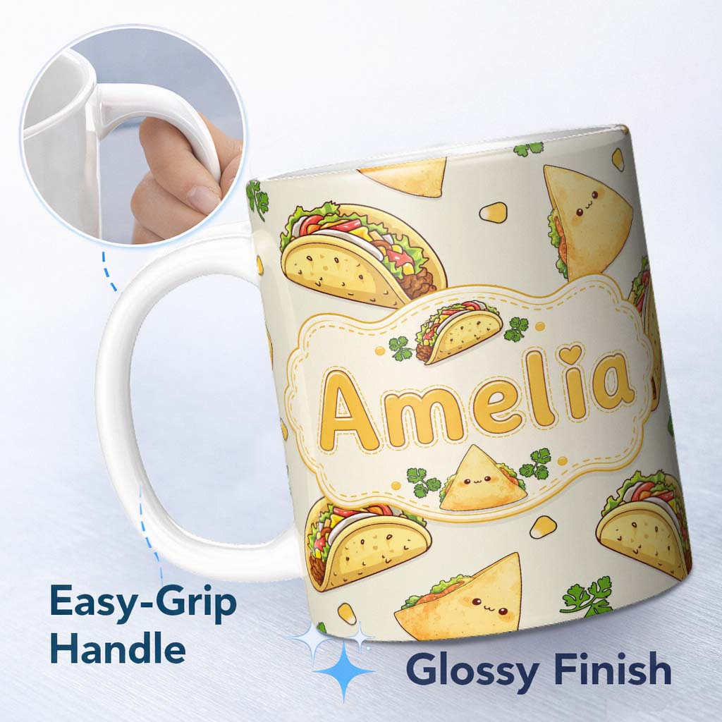 Personalized Custom Name Cute Kawaii Tacos and Wraps Cream Background Seamless Pattern Name 11oz Ceramic Coffee Tea Mug White Large Handle